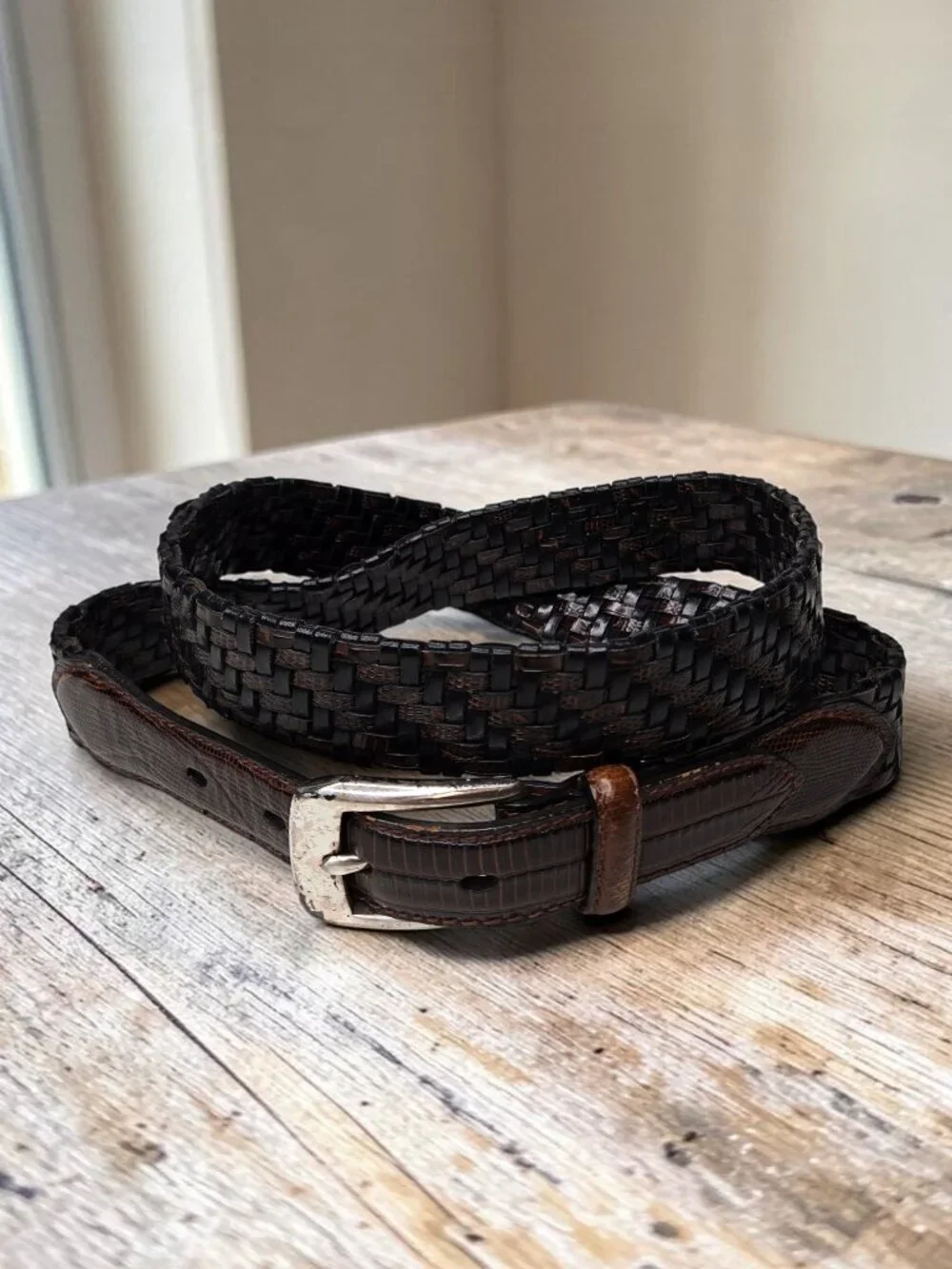 Brighton Cross Woven Distressed Buckle Belt Womens Croc Embossed Panel 38